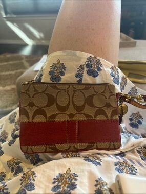 Coach Brown Signature Canvas Wristlet with Red Trim